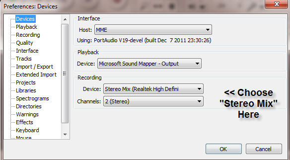 recording audio with audacity settings